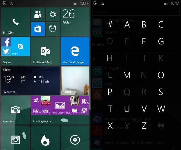 Start screen 10149 Windows 10 Mobile build