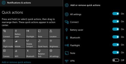 Action Center quick actions Redstone