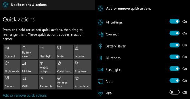 Action Center quick actions Redstone