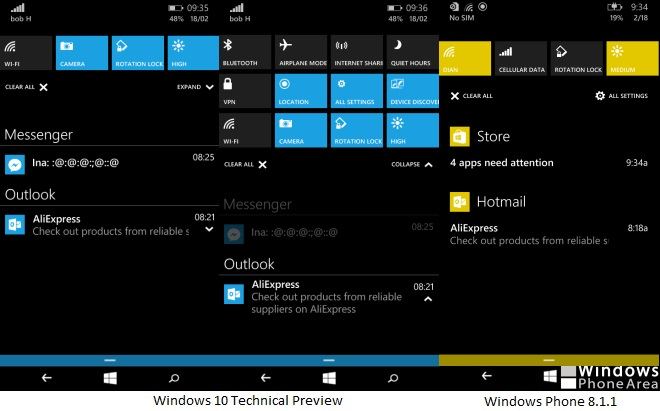 Windows 10 Technical Preview for Phones Action Center
