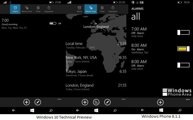 Windows 10 Technical Preview for Phones alarms