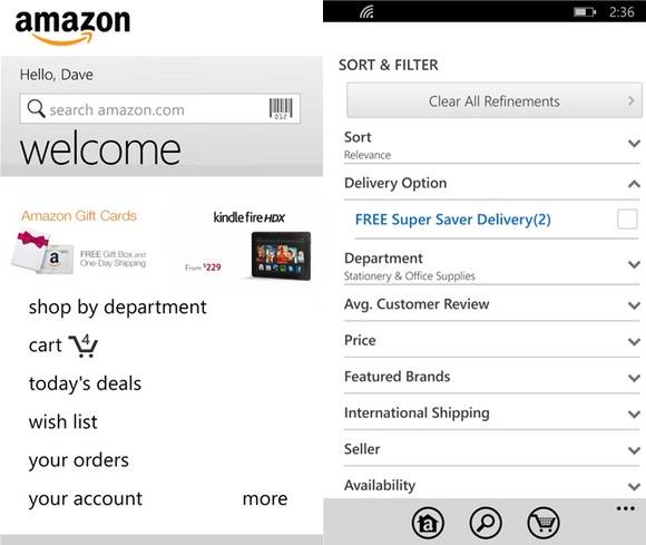 amazon app for windows phone home screen