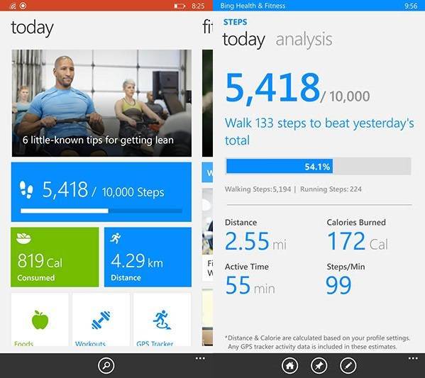 Bing Health and Fitness pedometer support