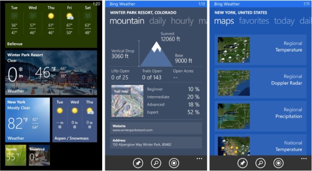 Screenshots of Bing Weather for Windows Phone 8
