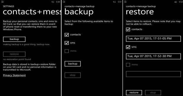 Contacts and Messages backup app sd card