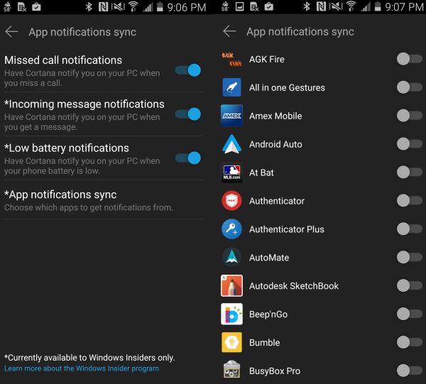 Cortana settings Android
