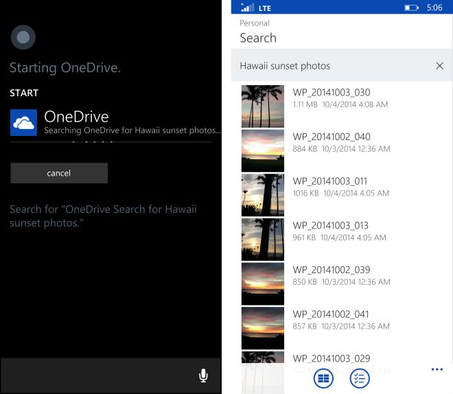 Cortana voice search OneDrive