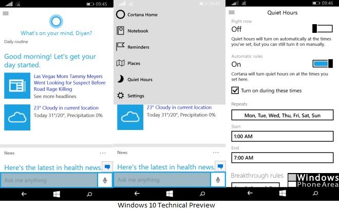 Windows 10 Technical Preview Cortana phones