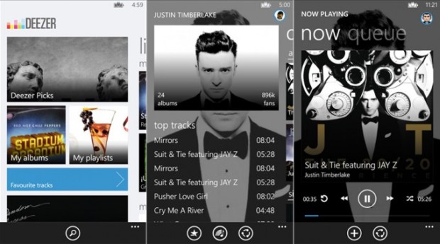 Deezer screens for Windows Phone