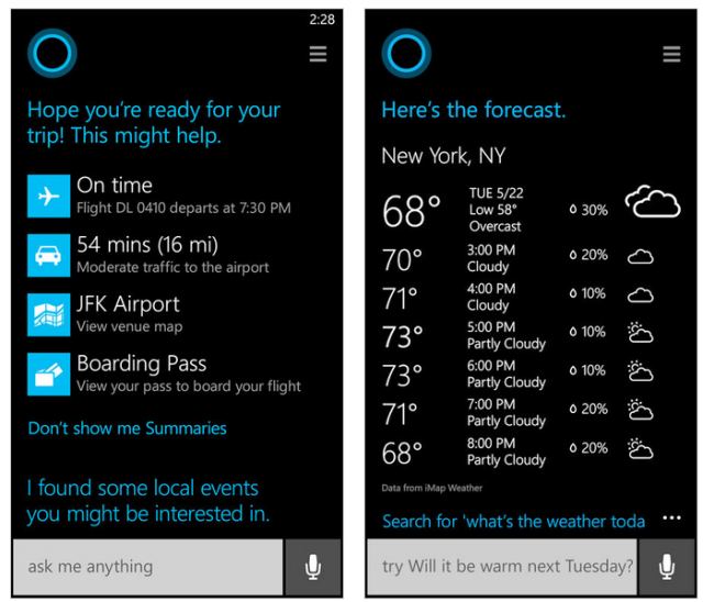 Cortana Windows Phone 8.1 screens