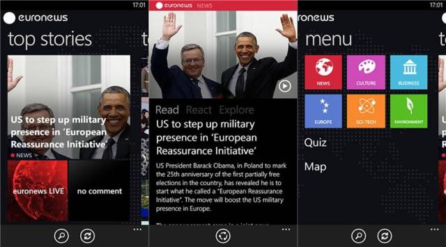 Euronews for Windows Phone screens