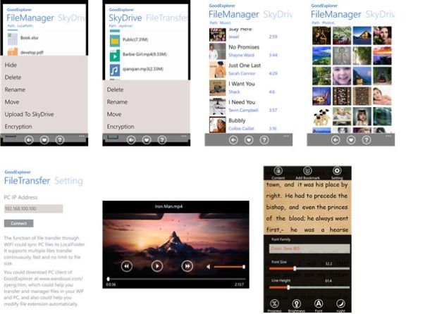 File Explorer for Windows Phone screens