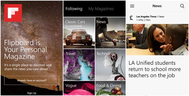 Flipboard screens for windows phone