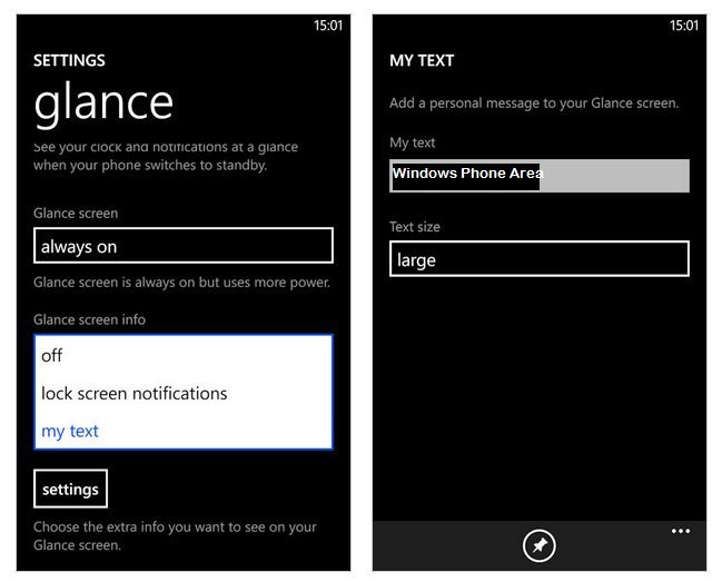 Glance screen settings screens