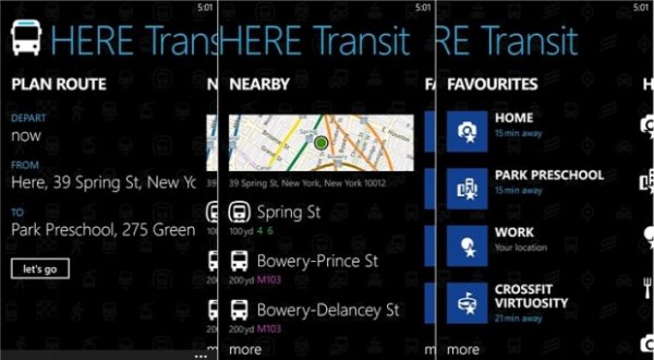 HERE Transit for Windows Phone 8 screens