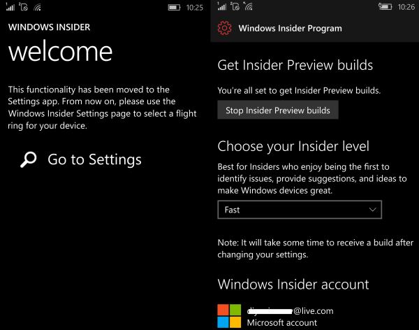 Windows Insider app update settings
