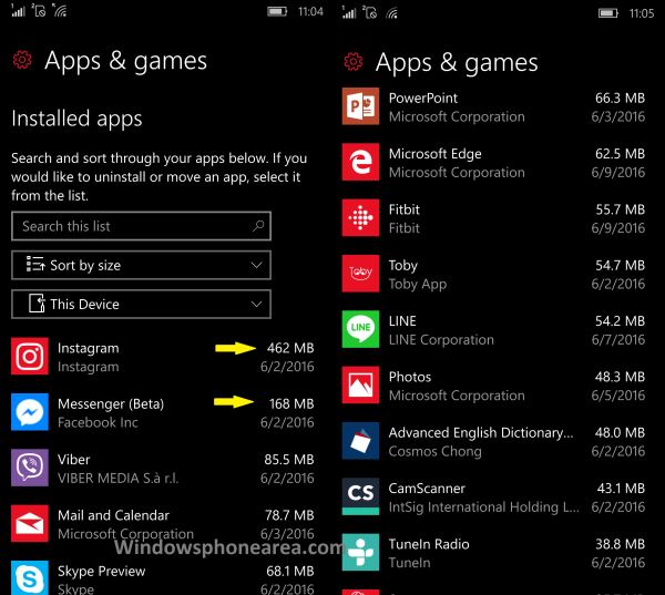 Instagram and Facebook apps storage