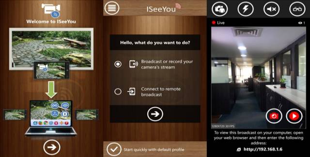 i see you for windows phone applicatipon that broadcasts live videos from your camera to another windows phone device
