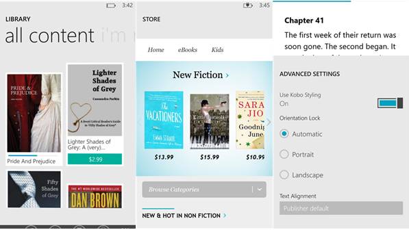 Kobo Books reader screens for Windows Phone