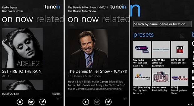 TuneIn screens for Windows Phone