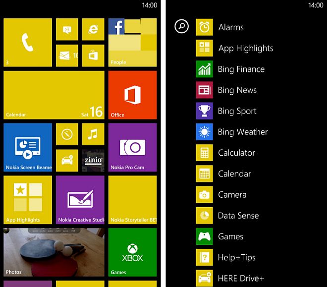 Home screen and app lists of Lumia Windows Phone 8