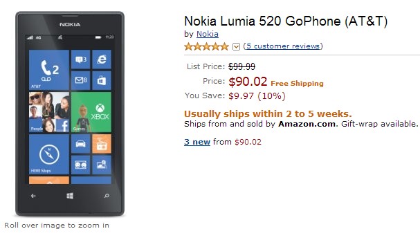 Lumia 520 for $90 at Amazon in the US