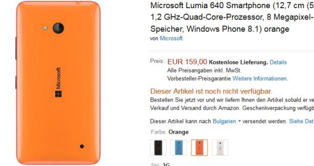 Lumia 640 orange on Amazon Germany
