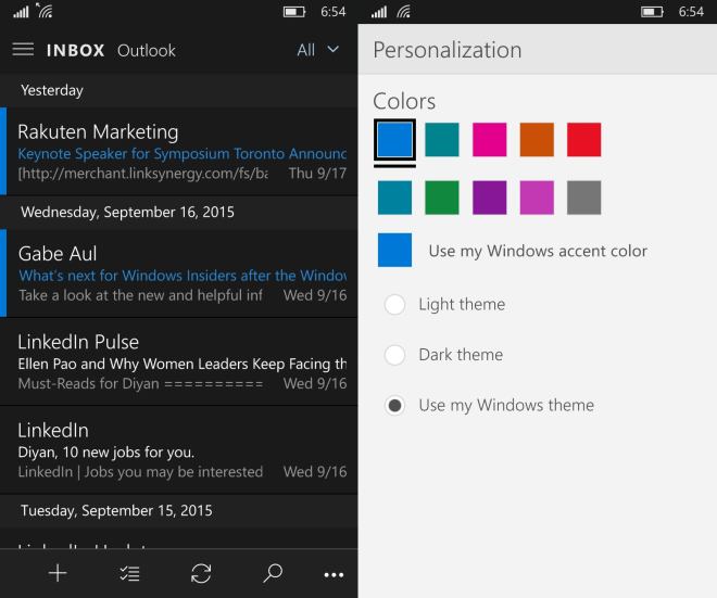 WIndows Outlook Mail and Calendar dark theme
