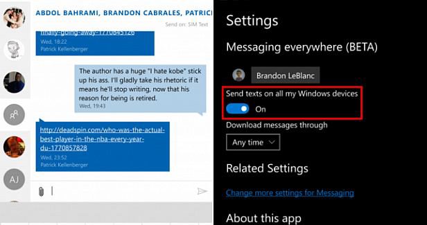 Send and receive text messages from your phone directly from your Windows 10 PCs