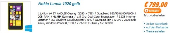 Nokia lUmia 1020 in Germany priced 799euro