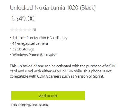 Nokia Lumia 1020 avaialble through Microsof Store US