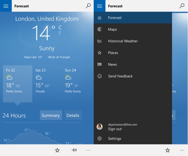 MSN Weather screens for WIndows 10 mobile