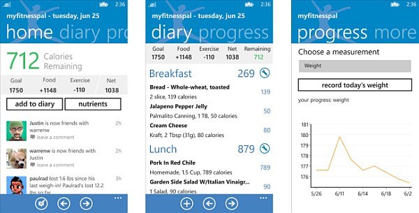 myFitnessPal WP8 screens