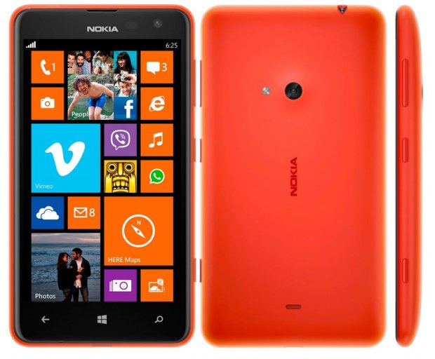 an orange Lumia 625 - back and front