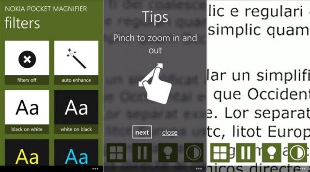 Nokia Pocket Magnifier for Windows Phone , screens