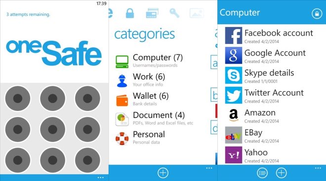 oneSafe password manager for Windows Phone