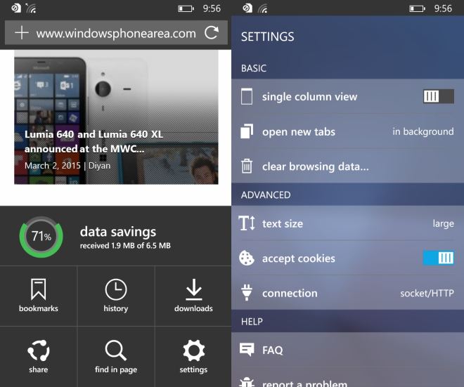 Opera Mini Beta Browser for WIndows Phone settings