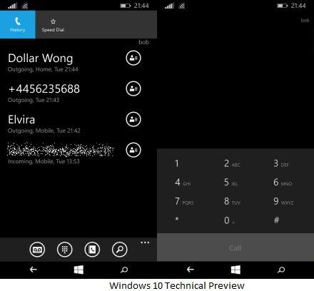Windows 10 Technical Preview Phone dialer