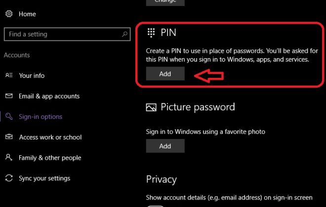 Settings PIN password
