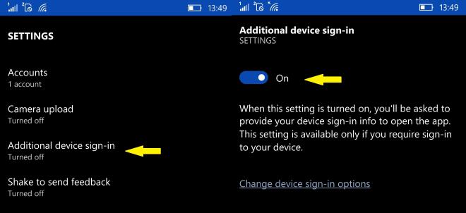 Settings OneDrive WIndows Hello