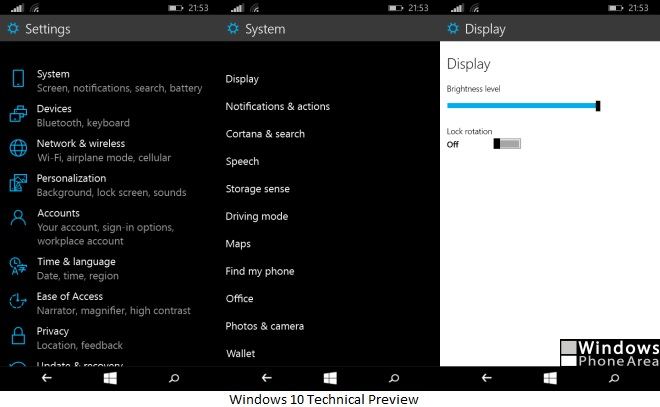 Settings Windows 10 Technical Preview for Phones