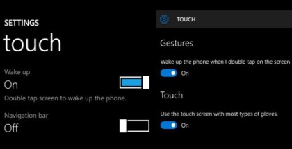 Windows 10 Mobile Touch Settings menu
