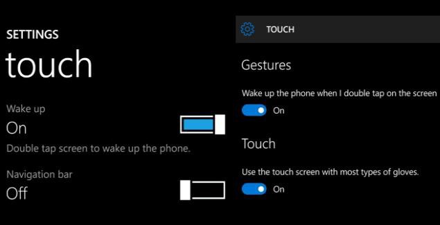 Windows 10 Mobile Touch Settings menu