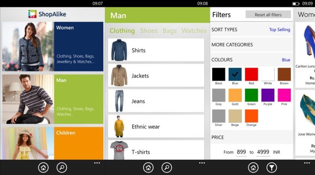 screens of shopalike app for windows phone
