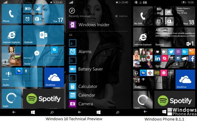 Windows 10 Technical Preview for Phones Start Screen and Tiles
