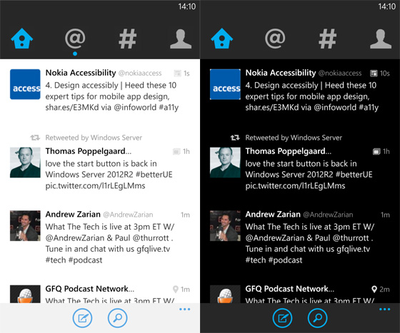 Screenshot of the new Twitter for Windows Phone version 3.0