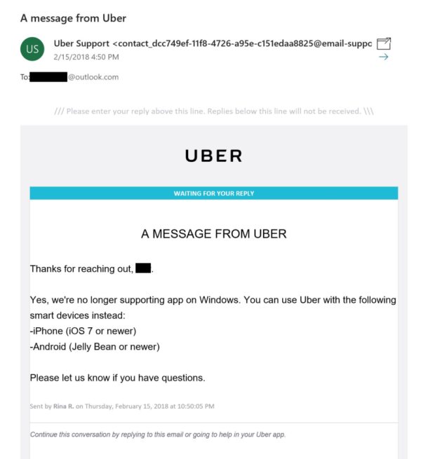 Uber app drop support
