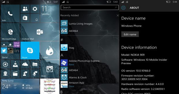 Windows 10 Mobile Preview build 10166 screens