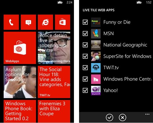 WebApps updated, supports Live Tiles, wide tiles and voice search