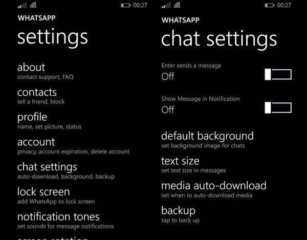 New version of Whatsapp for Windows phone with new settings menu
